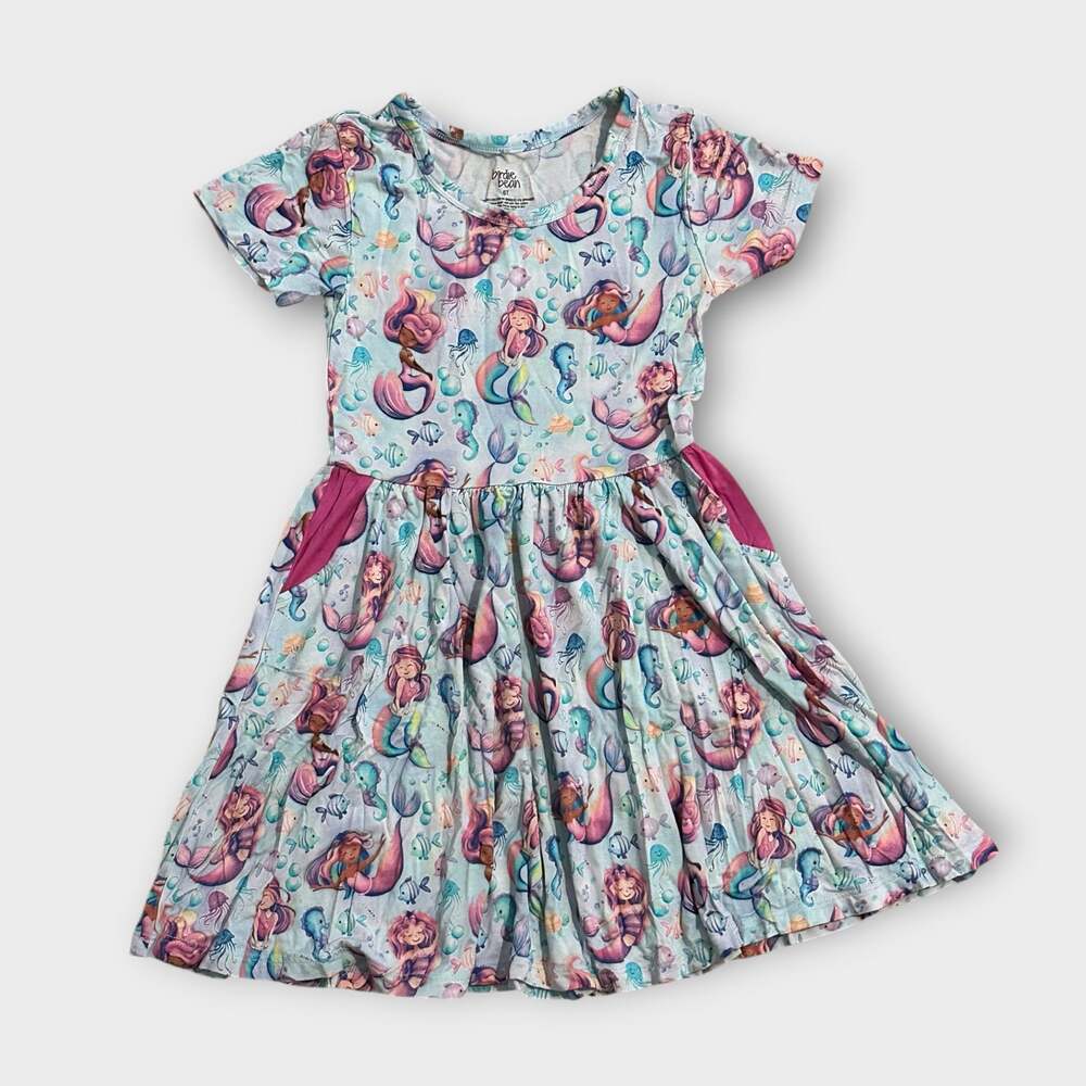Birdie Bean Girls Short Sleeve Mermaid Print Twirl Dress with Pockets